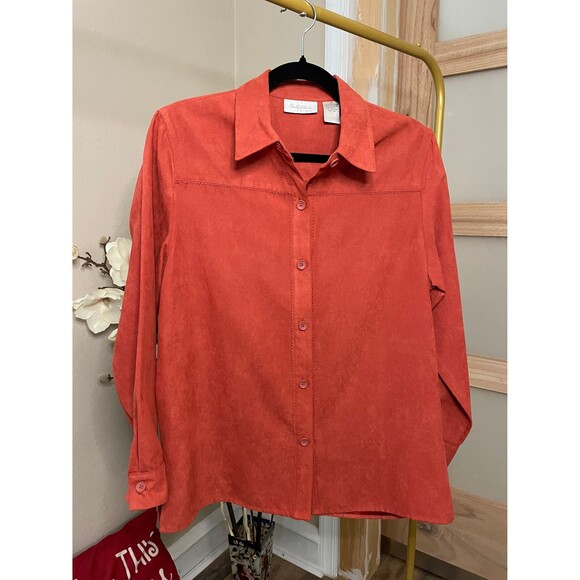 Studio Works Button Down Women Suede Shirt Autumn Orage Collared sz Petite M - Picture 3 of 8